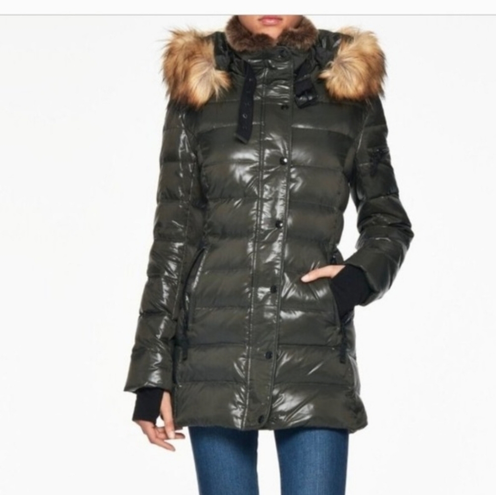 S13 New York Olive Green High Gloss Down Coat Size Large No Hood